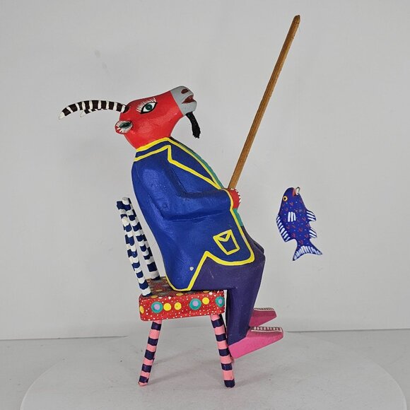 Martin Melchor Folk Art Oaxacan Alebrije Wooden Figurine Goat Fishing On Chair - Picture 3 of 8